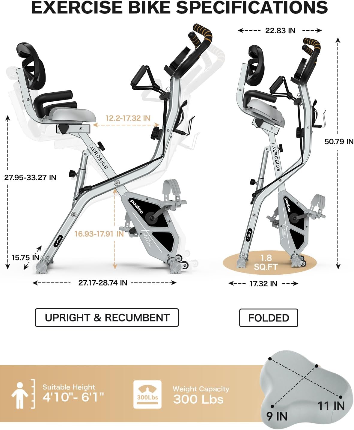 Pooboo Folding Exercise Bike - Foldable Upright Stationary Bike with 8-Level Resistance | 300LB Capacity, Back Support Cushion