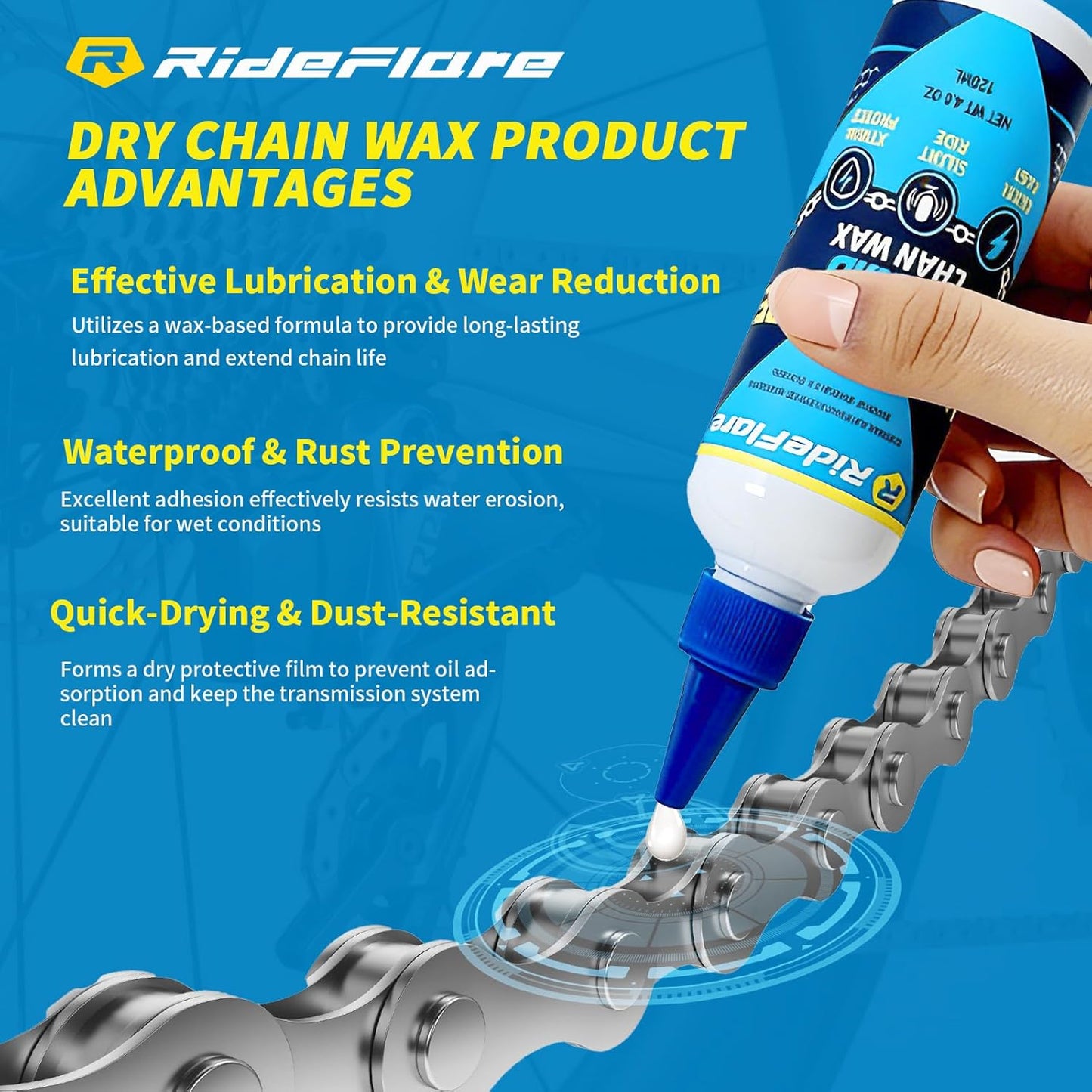 RideFlare POWERGLIDE Dry Bike Chain Wax - Ultra Fast & Silent 60ml | Eco-Friendly Lube for All Bikes