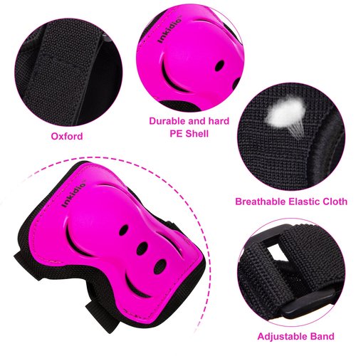 Inkidio Knee Pads for Kids Protective Gear Set with Knee Pads Elbow Pads and Wrist Guards Ideal for Girls Boys Skating Skateboard Scooter Bike (Medium, Pink)