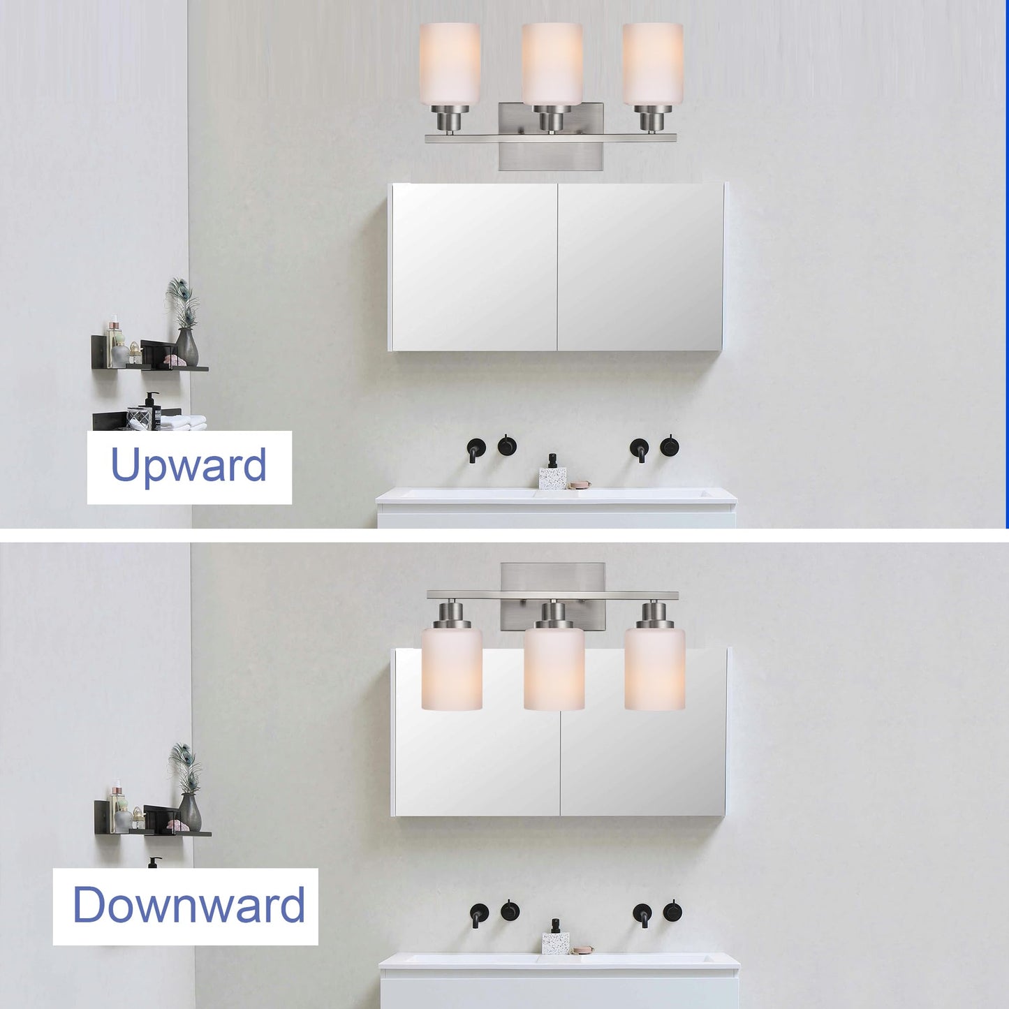 Wanluce 3-Light Bathroom Vanity Light Brushed Nickel Bathroom Lighting Fixtures Over Mirror with Opal White Glass Shade, Polished Nickel Finish Vanity Wall Sconces Fixtures for Bedroom Living Room