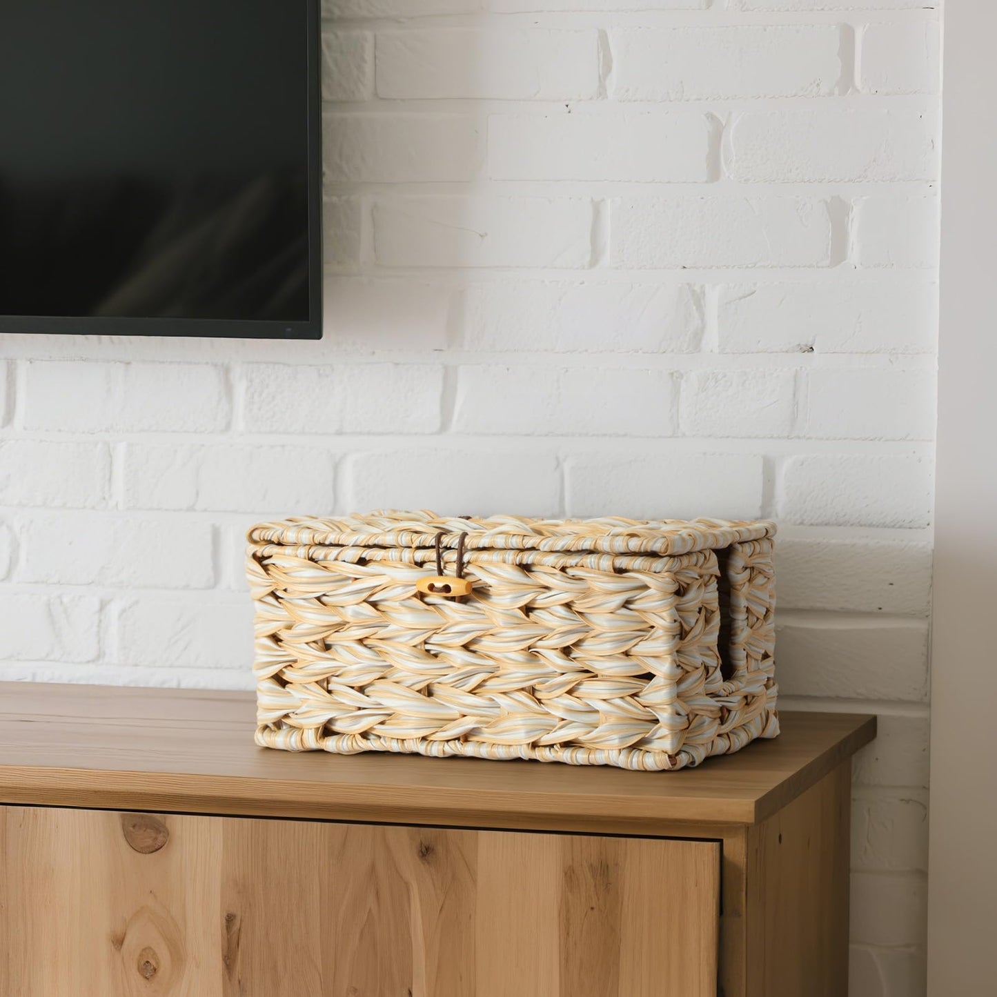 Delamu Handmade Synthetic Rattan Cable Management Box, Flat Weave Desk Organizer with Wire Management, Multi Purpose Cord Hider Box, 12.5" Lx 5.3" Wx 5.3" H, Natural & White