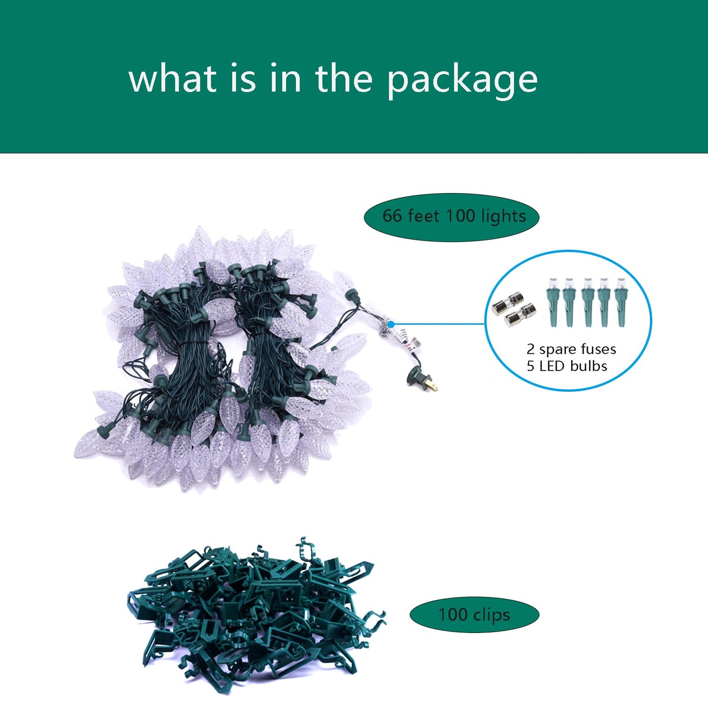 NIOSTA C9 LED Outdoor Christmas Lights,C9 String Lights with Quick Clips,for Xmas House Roof Gutter,Plug in & Connectable,66FT 100 Light,Cold White Faceted