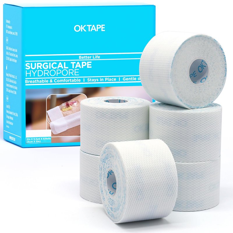 OK TAPE Hypoallergenic Surgical Tape 2 inch x 5.5yd |6 Rolls,Dry Medical Tape for Skin, Tube, Dressings, Wound First Aid Tape