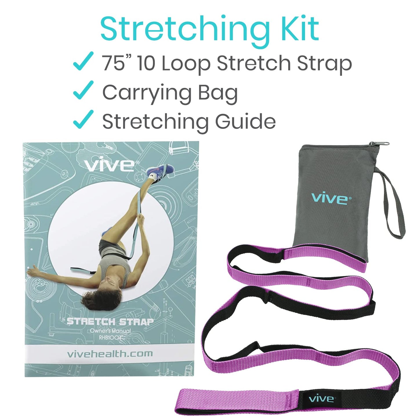 Vive Stretch Strap (75" - 10 Loops) - Leg Stretch Band to Improve Flexibility - Stretching Out Yoga Strap - Exercise and Physical Therapy Belt for Rehab, Pilates and Gymnastics with Guide Book