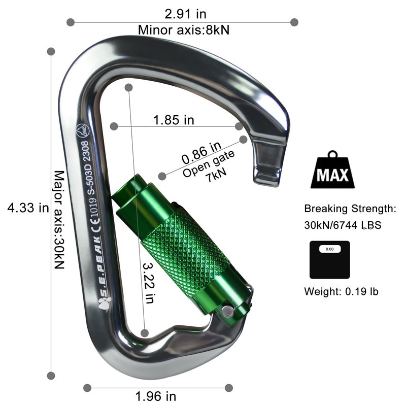 SEPEAK UIAA CE 30kN Climbing Carabiner Clips, Professional Heavy Duty Twist Locking Carabiners for Climbing,Mountaineering, Rappelling, Camping, Hiking, Swings, Large D Ring Hooks