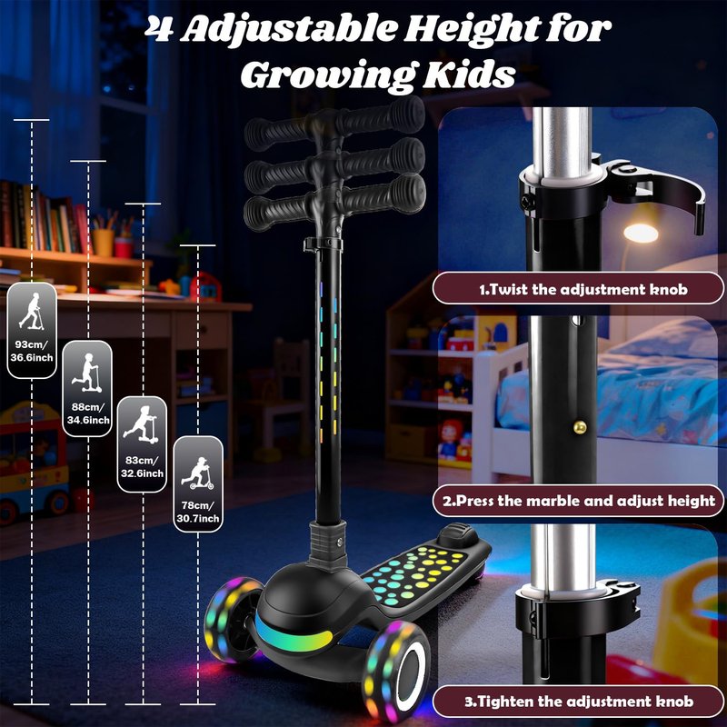 Light Up 3 Wheel Kick Scooter for Kids Toddlers with LED Sync Lights, Flashing Stem & Wide Polka Dot Deck Adjustable Height Music Function Safe Sturdy Folding Scooter for Kids (Black)