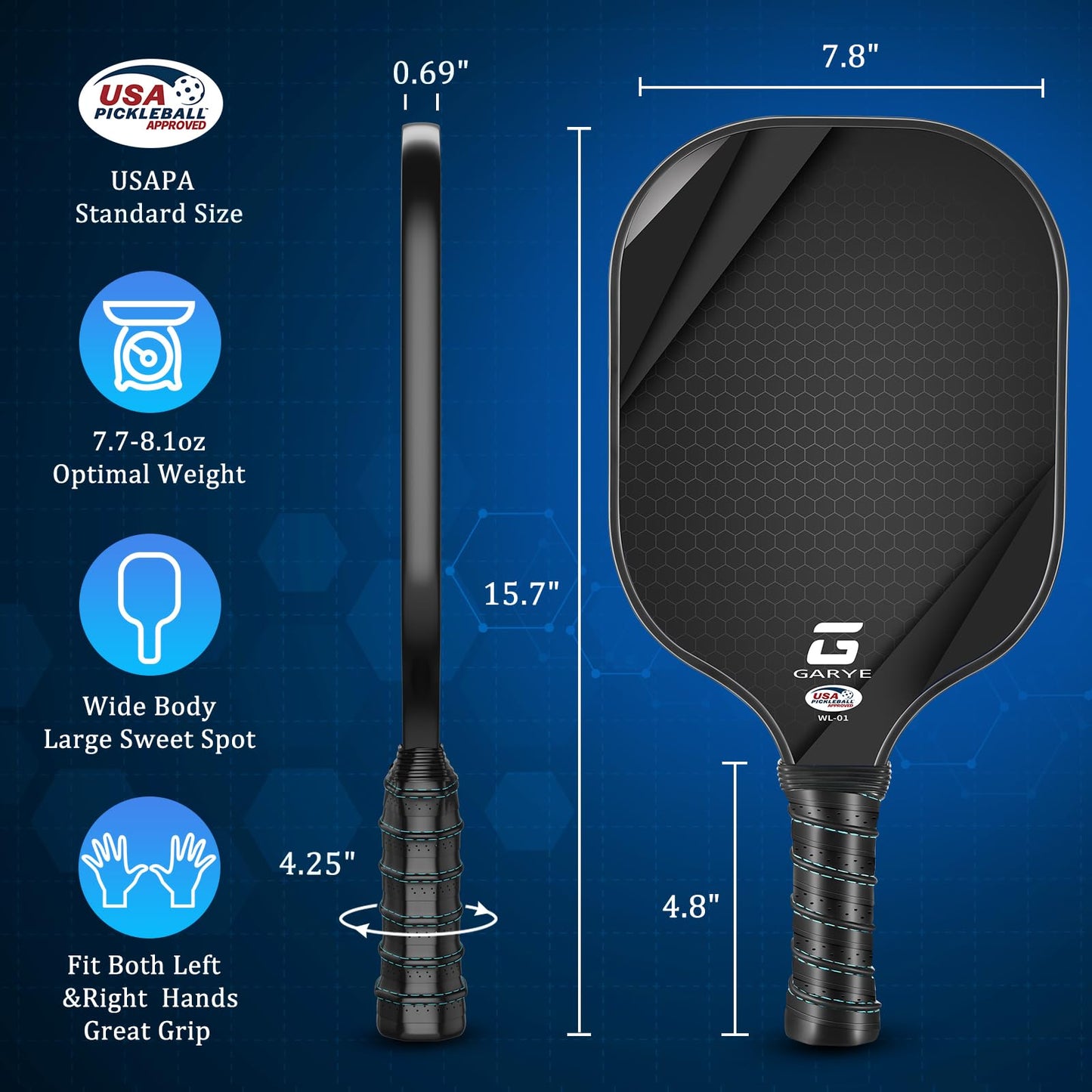 GARYE Pickleball Paddles Set of 4, Carbon Fiber Pickle Ball Paddle, USAPA Approved Lightweight Rackets 4 Pack for Adults and Teenagers, Includes 6 Balls, 1 Bag, and 4 Grip Tapes.