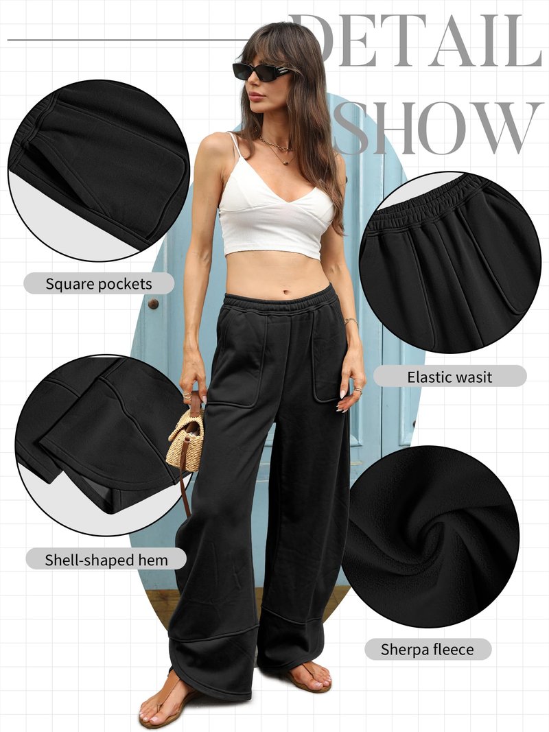 ELLEVEN Womens Wide Leg Bareel Baggy Fleece Lined Sweatpants Cotton Lounge Thermal Pants Low Rise Elastic Waist Pockets Winter Warm Fall Pants Mujer Athletic Gym Yoga Black Medium