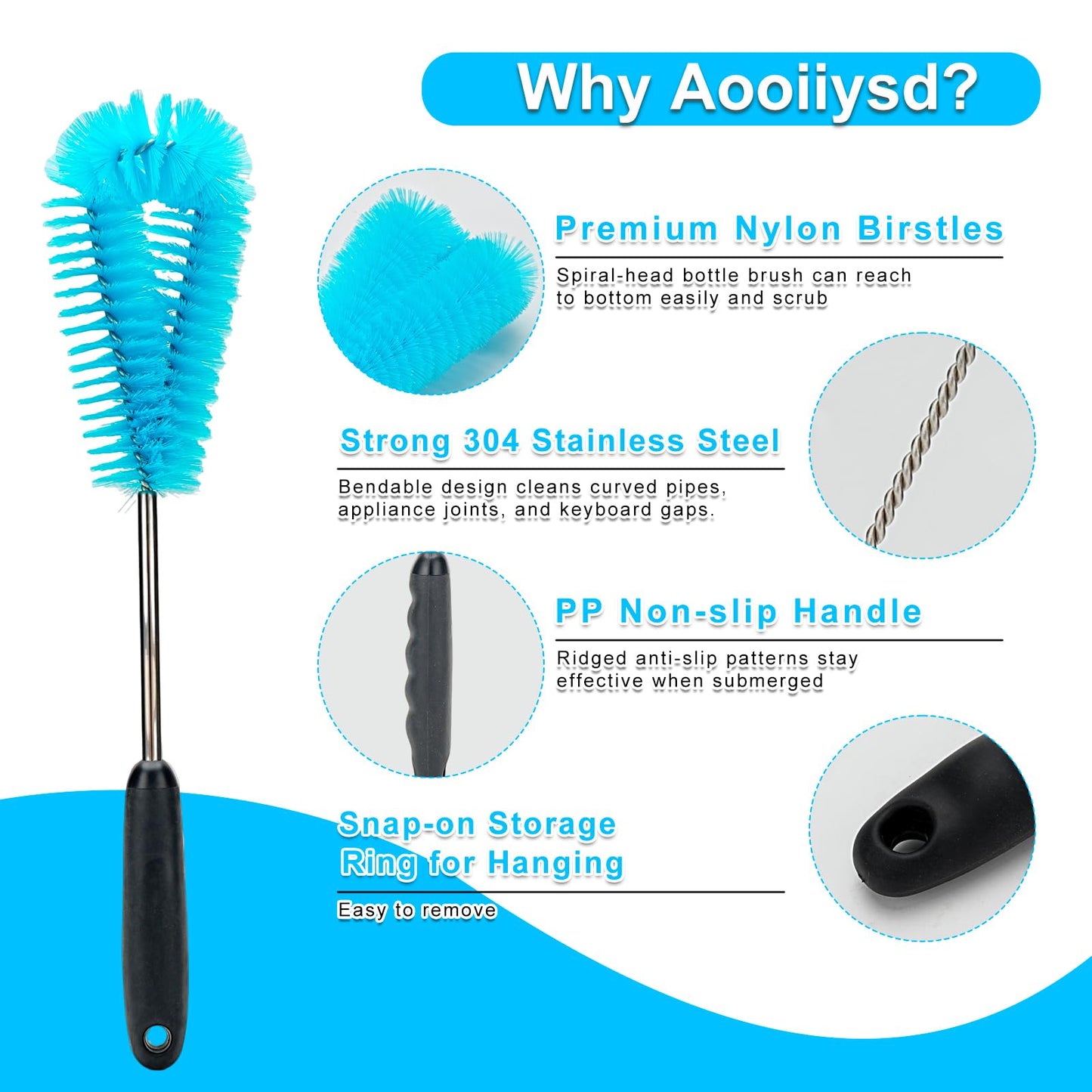 4 Pack Bottle Brush Cleaner Set, Long Reach Water Bottle Brush, Straw Brush and 3-in-1 Multi-Use Cleaner, Compatible with Stanley Cups, Baby Bottles, Travel Mugs, Tumblers, and Straws (Blue)