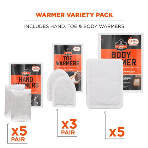 Ergodyne N-Ferno 6994 Adhesive Body, Toe, Hand Warmers Variety Pack, Disposable, Up to 12 Hours of Warming, Includes 3 pairs of toe, 5 body, 5 pairs of hand warming pouches