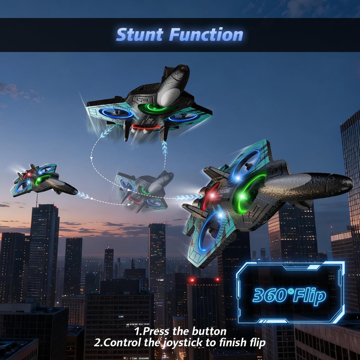 FUNPX Foam RC Airplane with Cool Led Light, 360° Flip and Headless Mode, Remote Control Airplane RC Plane for Kids Adults Aged 6+, RC Flying Toy for Kids, Birthday Gift - Black Blue