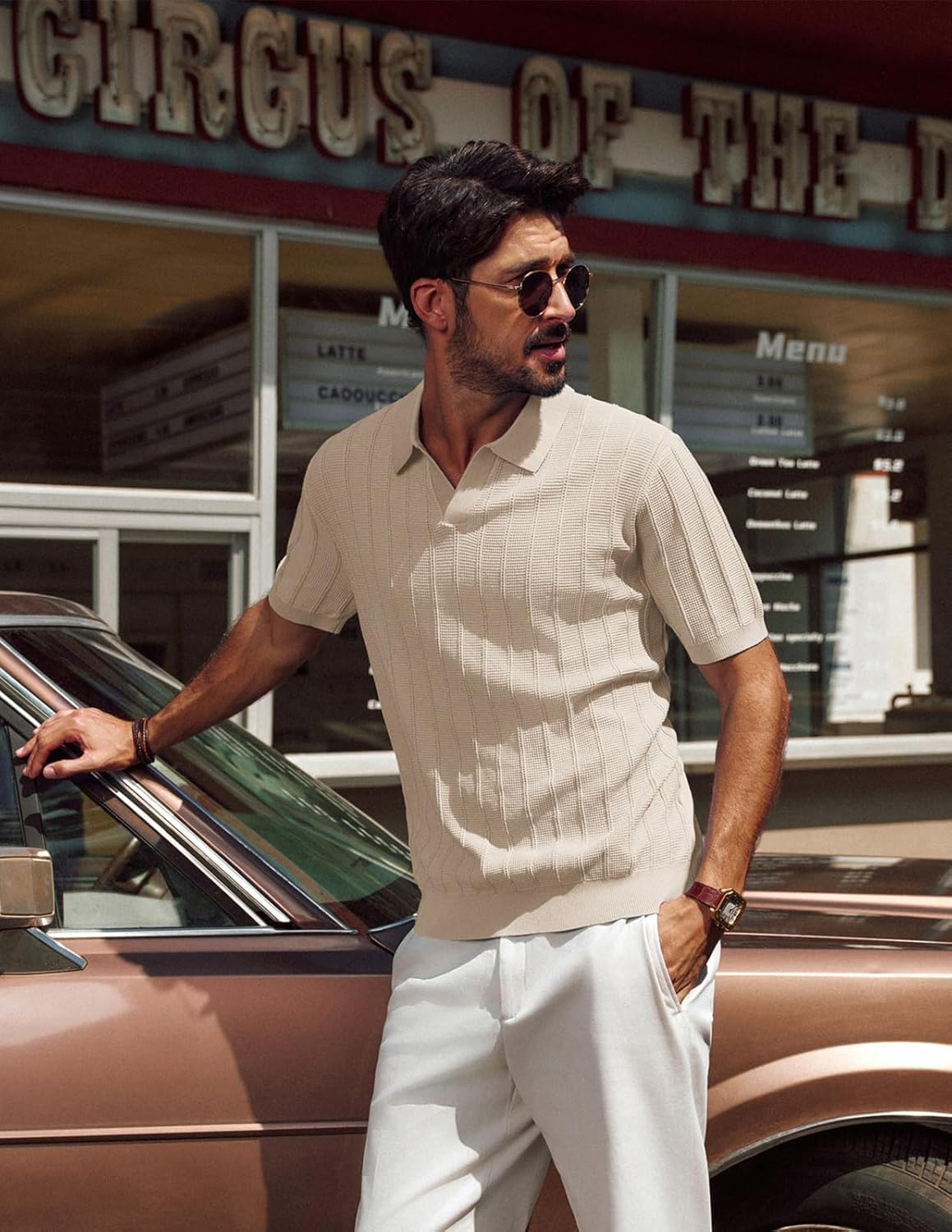 PJ Paul Jones Men's V-Neck Knit Polo Shirt - Textured Summer Style in Various Colors