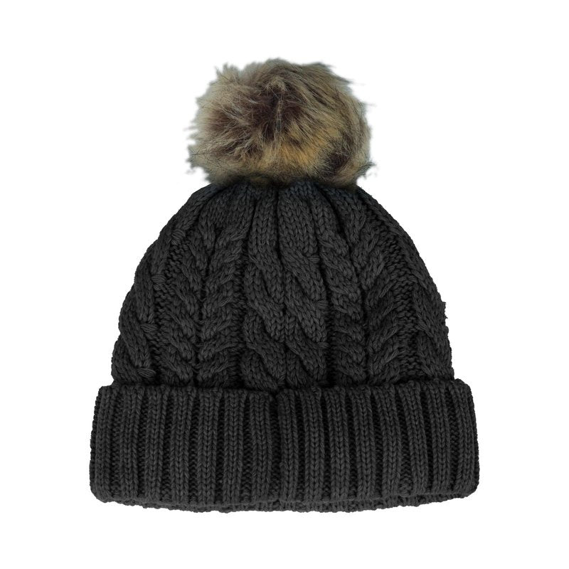 Timberland Women’s Cable Knit Faux Fur Pom Beanie - Soft Winter Hat, Ribbed Cuff, Warm Lining, Stylish Cozy Cold Weather Wear, Black, One Size