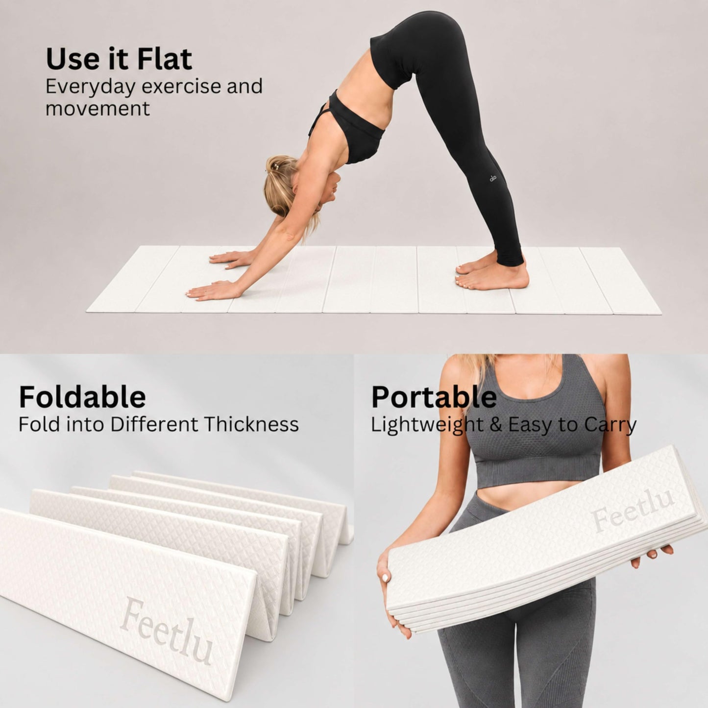 Feetlu Foldable Yoga Exercise Mat, 6mm/8mm/10mm/12mm Thickness, 72 x 24 Inch - Lightweight, Anti-Slip, and Easy to Store for Yoga, Pilates, Home Workouts, and Floor Exercises (White 6mm)