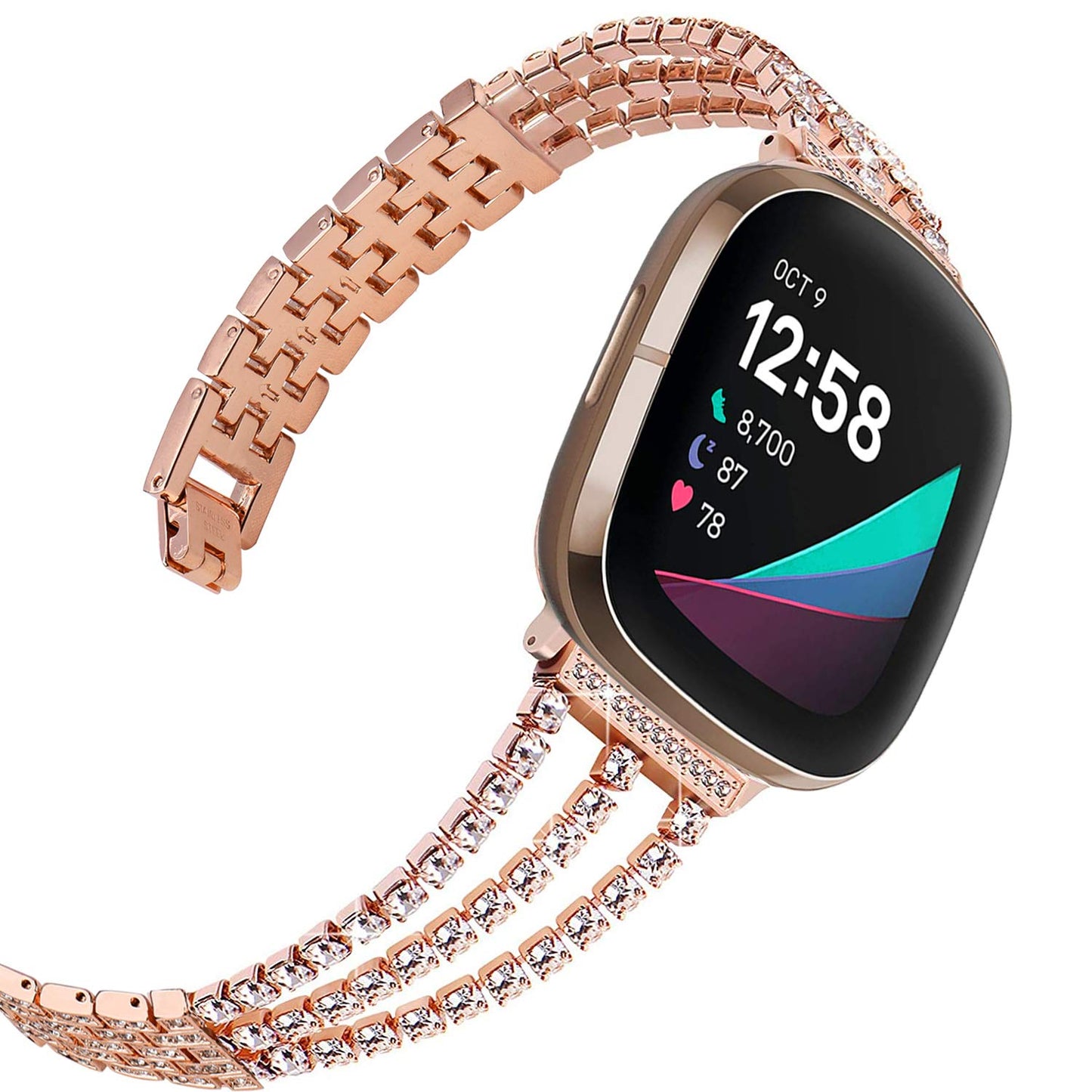 Wongeto Bling Bracelet Compatible with Fitbit Versa 3/Fitbit Sense Women Men Stainless Steel Jewelry Rhinestone Dressy Wristband Strap Bracelet (Rose Gold)