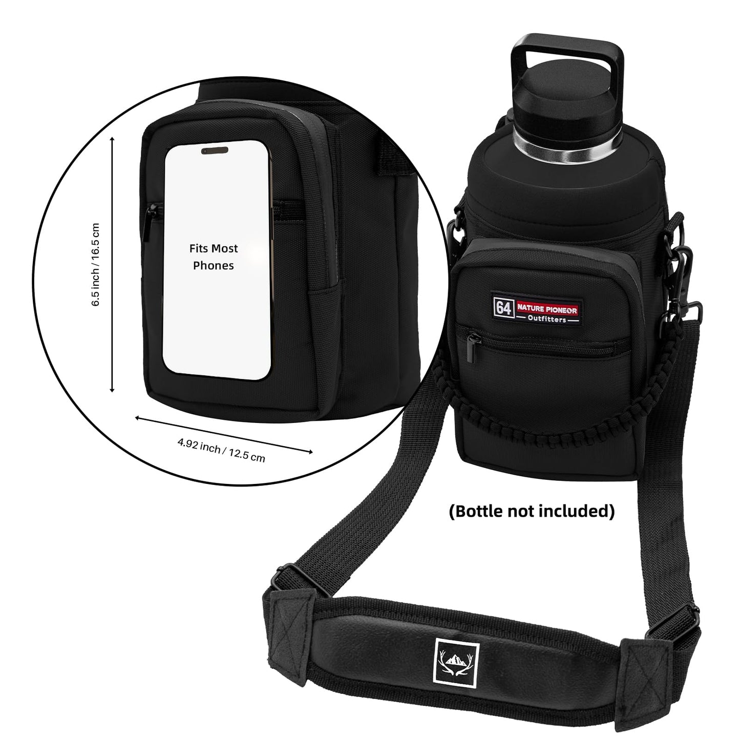 NATURE PIONEOR Water Bottle Holder with Adjustable Strap - Half/One Gallon (64/128oz) Insulated Water Bottle Sling Carrier with Phone Pocket & Paracord Handle, Outdoor Camping, Hiking, Gym