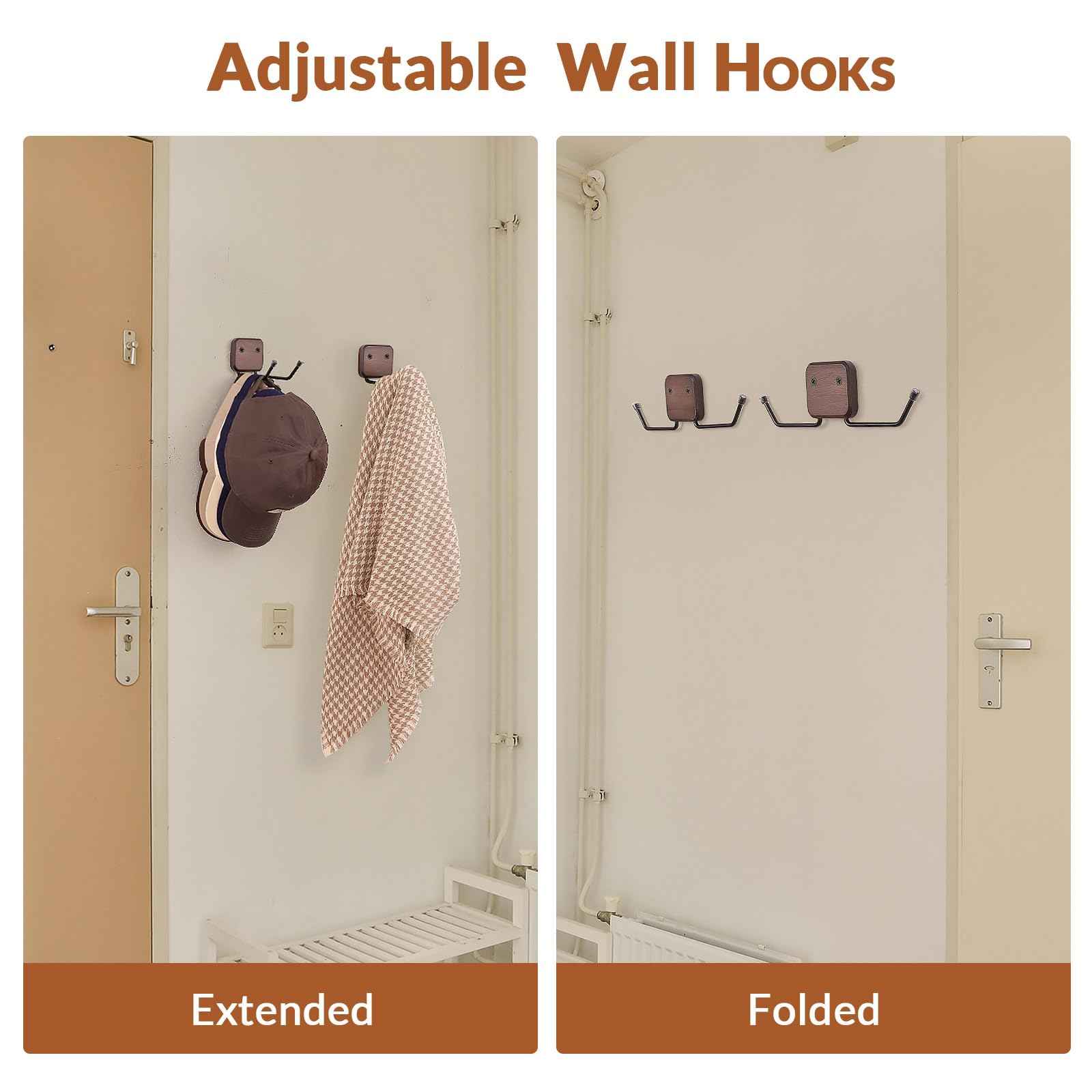 Qiannhee Solid Wood Wall Mount Hat Rack, 4-Tier Rotating Cowboy Hat Organizer with 2 Extended Hooks, Adjustable Width Metal Hanger for Baseball Caps, Coat, Jacket, Key, Decor Entryway, Bedroom(Brown)