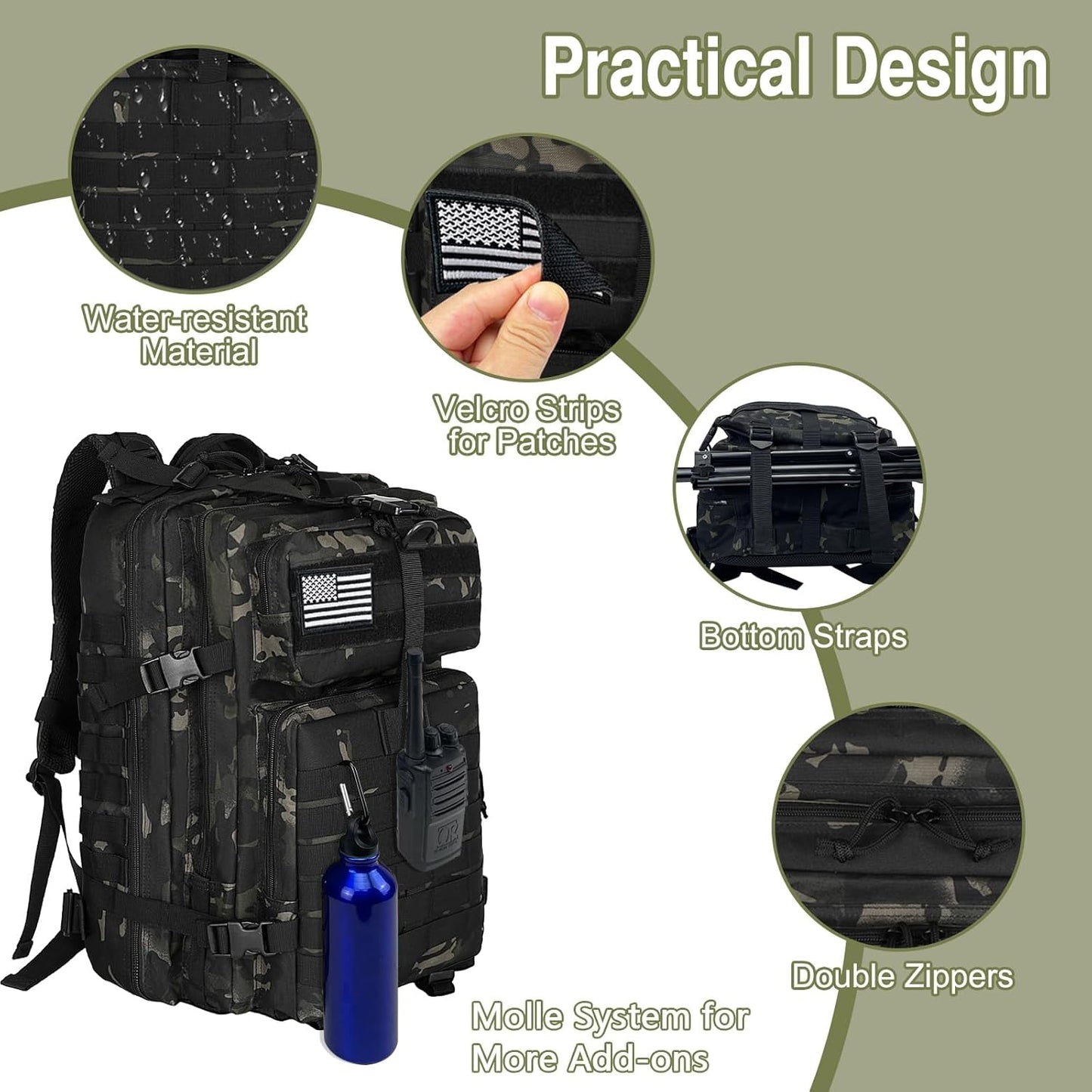 WOLT Military Tactical Backpack - 45L Molle Assault Pack for Men | Heavy-Duty Rucksack in Camouflage Black