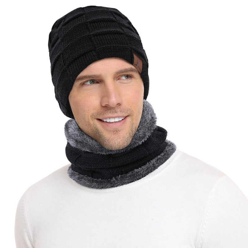 Mens Winter Beanie Hats Scarf Set Warm Knit Skull Cap Neck Warmer with Fleece Lined Winter Hat for Women Pure Black