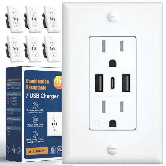 Amico 6-Pack USB Wall Outlets, 3-Port 30W with Type A & C, Tamper Resistant, ETL Listed