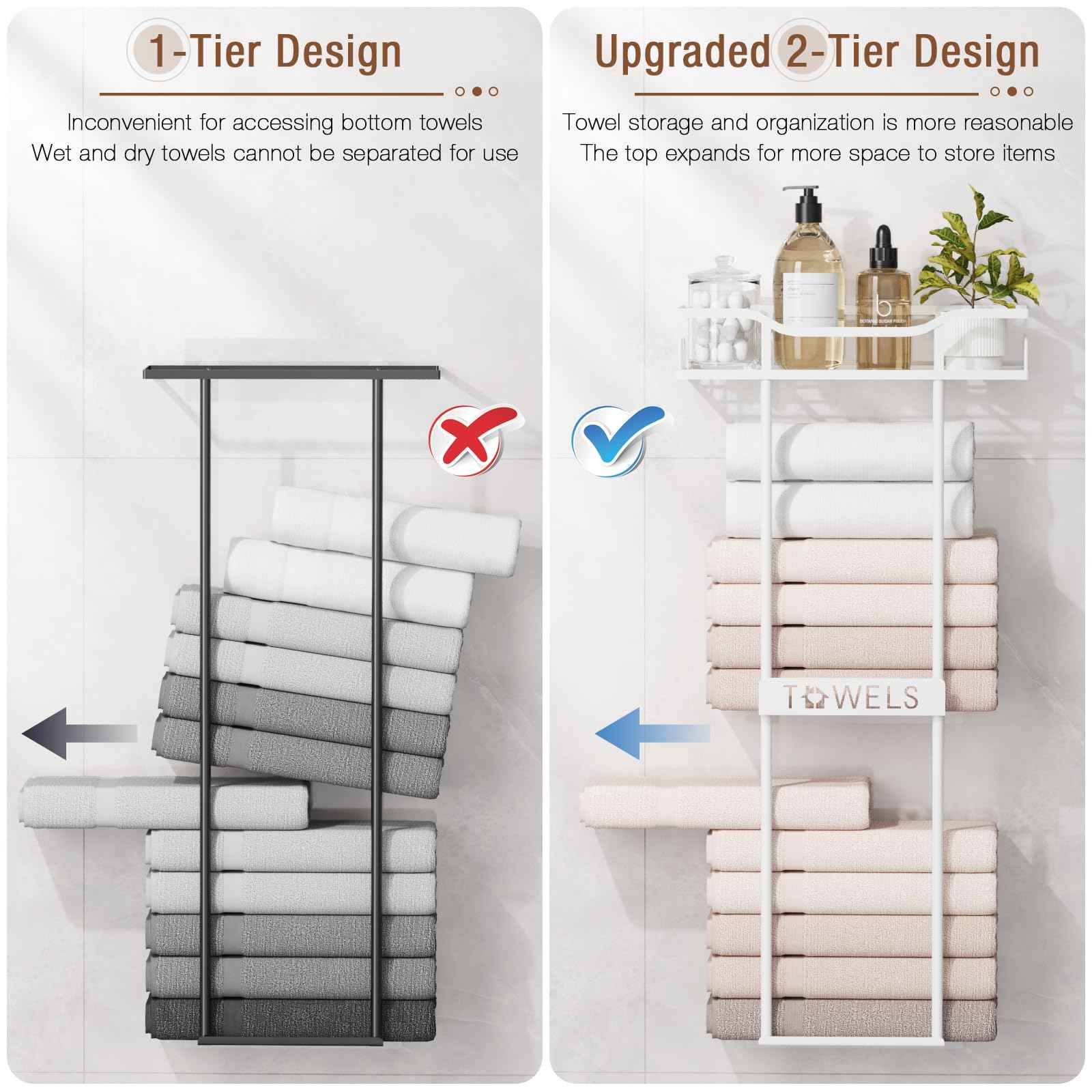 Aetyord Towel Racks for Bathroom Wall Mounted Towel Storage Organizer Wall Towel Rack for Rolled Towels（2 Tier White