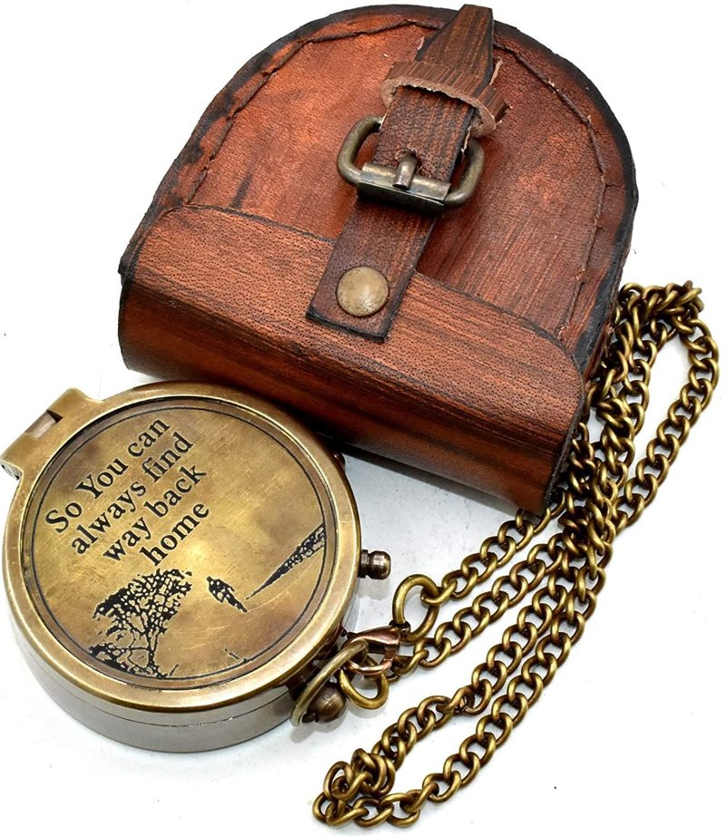 Nautical Hut Military Compass for Hiking and Survival- Waterproof Brass Nautical Pocket Compass with Leather Carry Case & Chain for Camping Hunting Climbing Exploring Geology Outdoor Activities