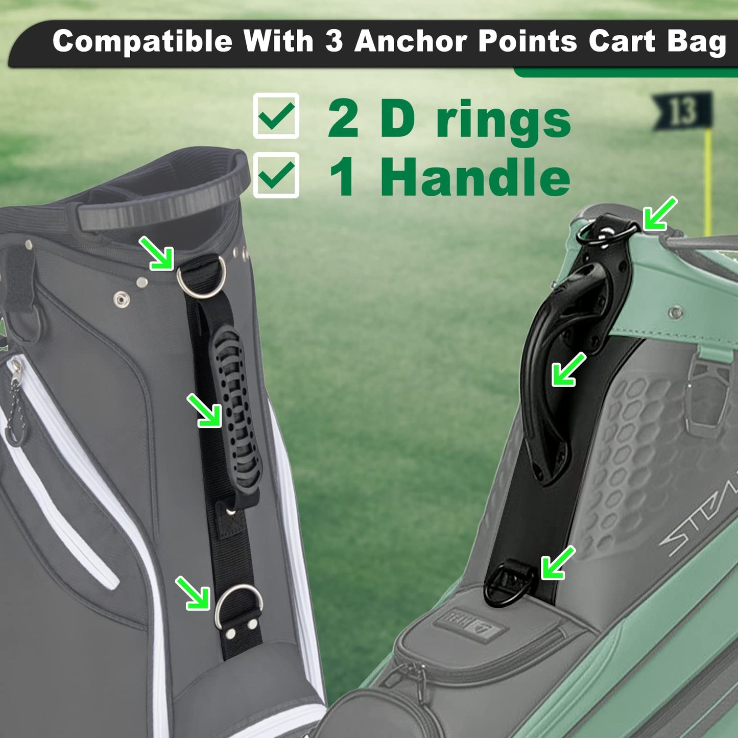 BIG TEETH Golf Bag Straps Swivel Backpack Straps Double Strap, Adjustable Thick Padded Bag Strap, Universal Comfort Easy Installation (2 Buckle Connected Black)