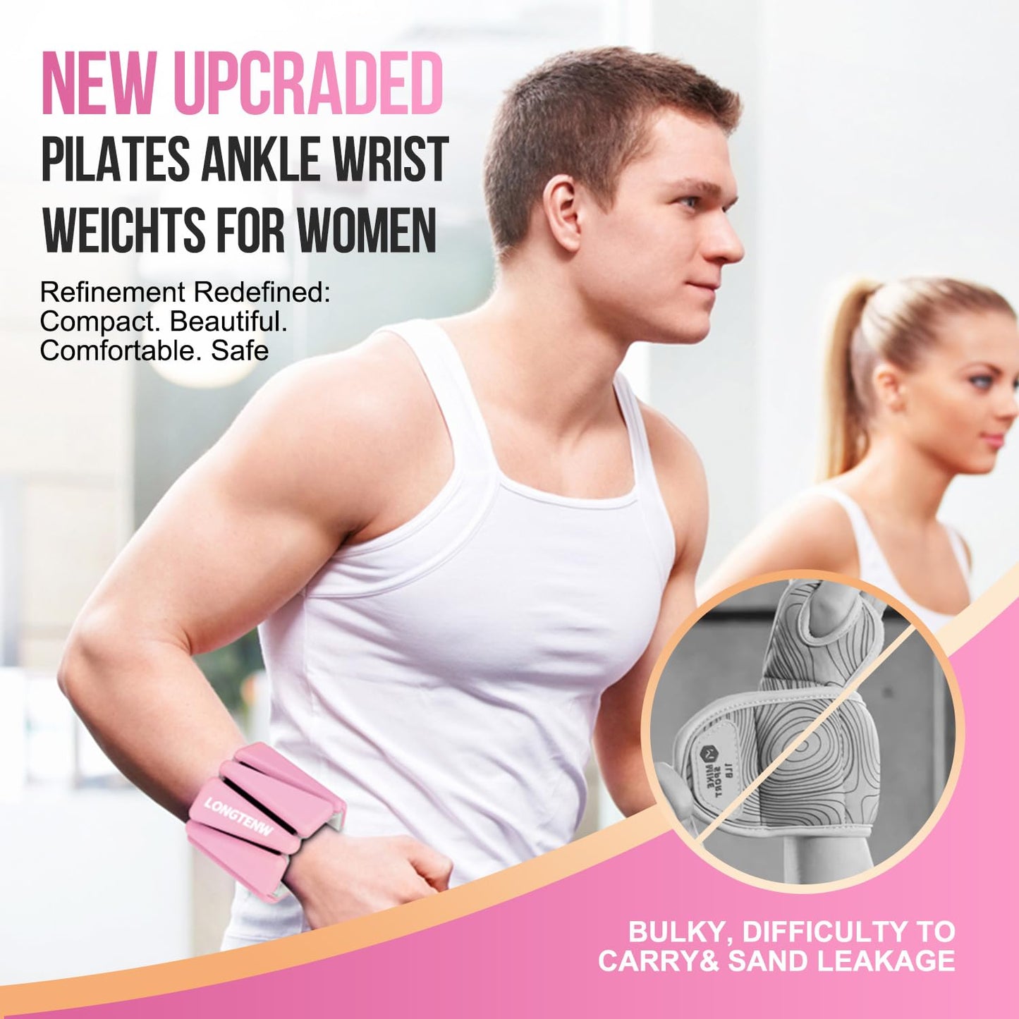 LONGTENW Adjustable Silicone Wrist & Ankle Weights Customizable Fitness Bands for Yoga, Pilates, Running, and Strength Training Detachable Design, Comfortable Eco-Friendly Material (Pink, 2 lbs Pair (1lbs Each))