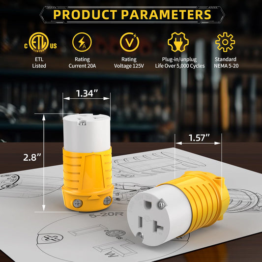 20 Amp 110V Female Electrical Outlet Drop Cord Extension Cord Ends Replacement EMA 5-20R 120 Volt Yellow ETL Listed 2-Pack
