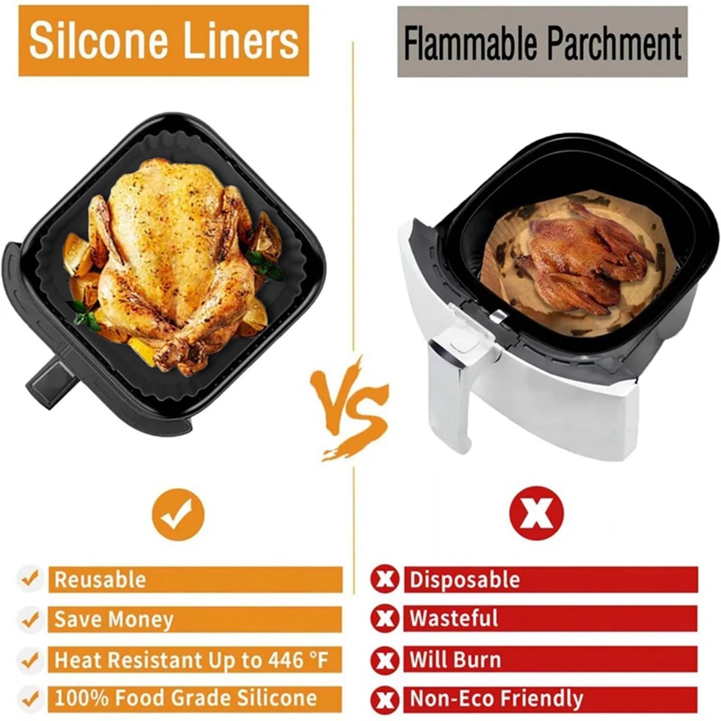 AF140 UK Silicone Air Fryer Liners for Ninja Air Fryer AF180 AF181, for COSORI 5.5 6L, 2pcs Reusable Airfryer AF141 UK Silicone Trays for Philips HD9270, 9 Inch Square Non-Stick Air Fryer Acc