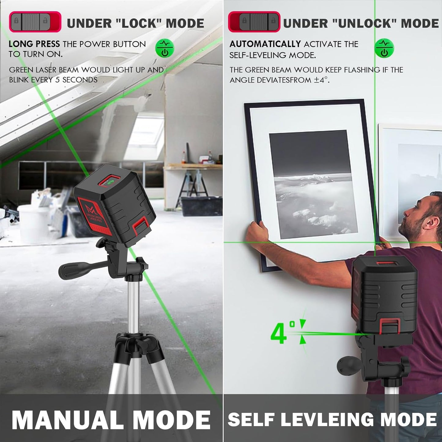 100ft Green Cross Line Laser Level with Tripod - Self-Leveling, 4 Brightness Modes, IP54 Waterproof & Carrying Bag