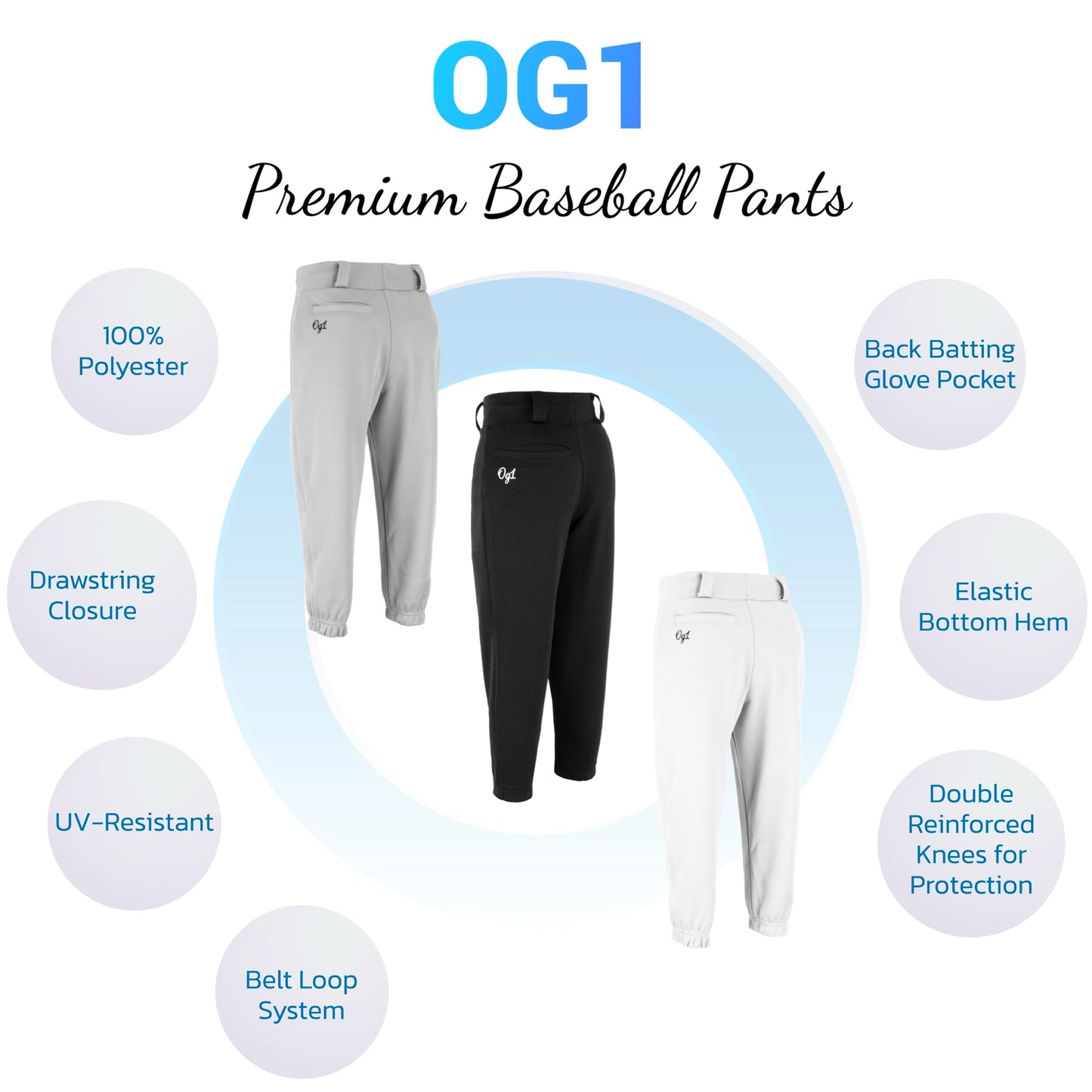 OG1 Youth Pull-Up Premium Baseball Pant | 100% Polyester | Full Length | Elastic Bottom