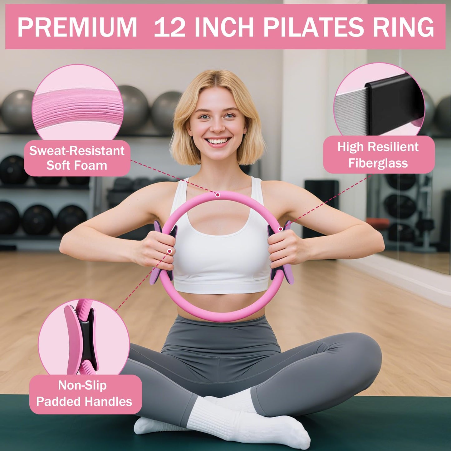 Floranis Pilates Essentials Kit at Home, Ring and Ball Pilate Workout Equipment Set for Women, Magic Circle with 5 Resistance Bands Premium Accessories Kits for Starter Toning Workouts