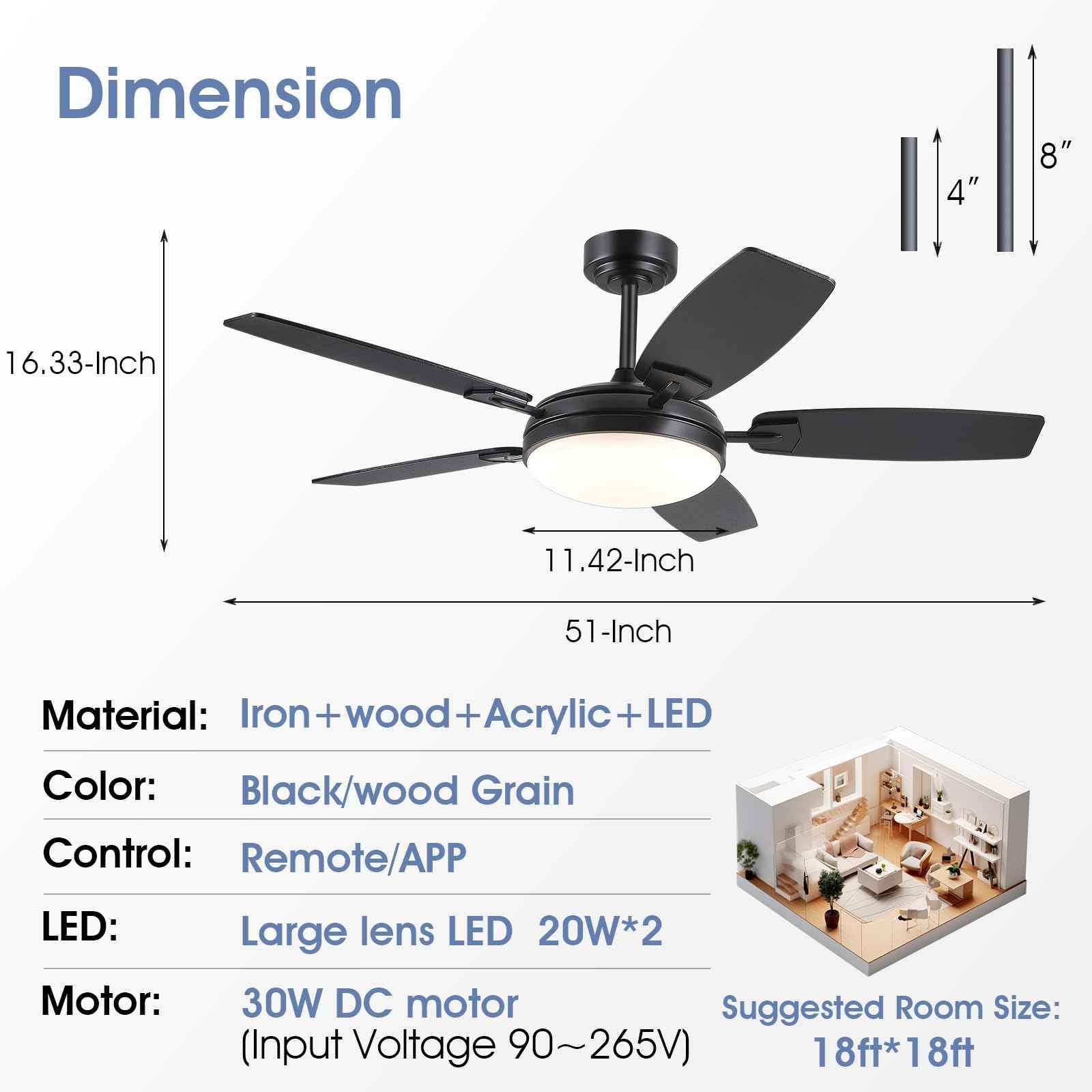 MADSHNE 52 Inch Black Outdoor Ceiling Fan with Light and Remote, Modern LED Ceiling Fan for Bedroom & Kitchen with Dimmable 3 Color,Reversible 6 Speeds
