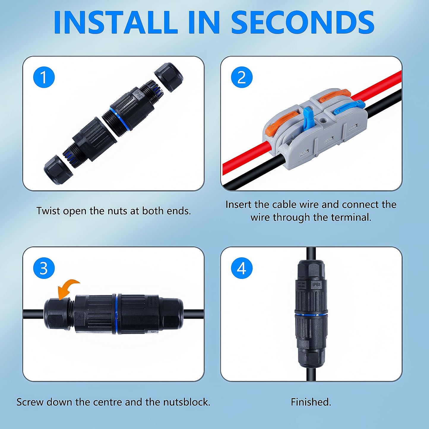 MELIFE 3PCS IP68 Waterproof Electrical Cable Connector, Outdoor 3 Way Junction Box, Waterproof Wire Connectors with Replaceable Lever Wire Connectors for AWG 28-12, Quick Screwless Installation