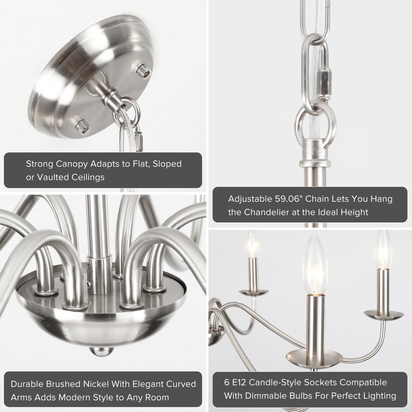 YCZHCC 27.5'' Brushed Nickel Chandelier, 6-Light Farmhouse Chandelier for Dining Room Lighting Fixture, Rustic Industrial Modern Candle Chandelier for Bedroom, Kitchen, Living Room, Foyer, Hallway