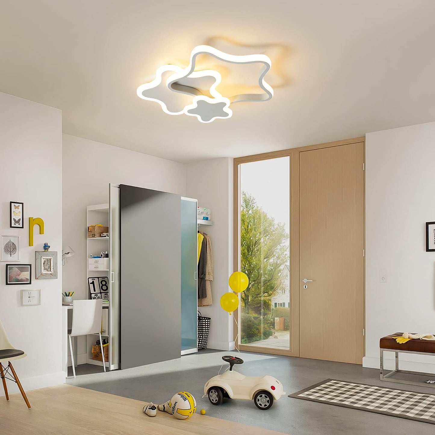 Tioolo Dimmable LED Ceiling Light, Creative Cartoon Star Ceiling Lamp, Acrylic LED Chandelier with Remote, Modern Flush Mount Chandelier Lighting Fixture for Boys Girls Bedroom Living Room, 32W/White