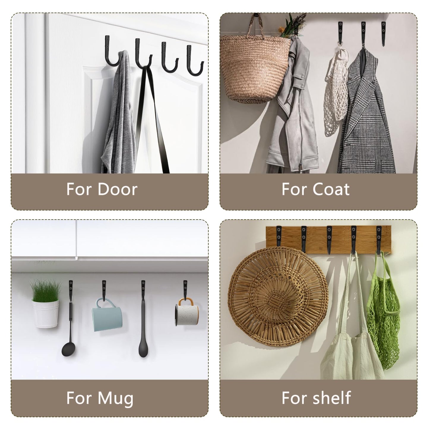 XHIPY Wall Hooks for Hanging Coat/Towel - 50LB Screw in Metal Hanger Wall Mount, for Outdoor, Closet, Door, Bathrooms, for Backpack, Robe, Black 4 Sets