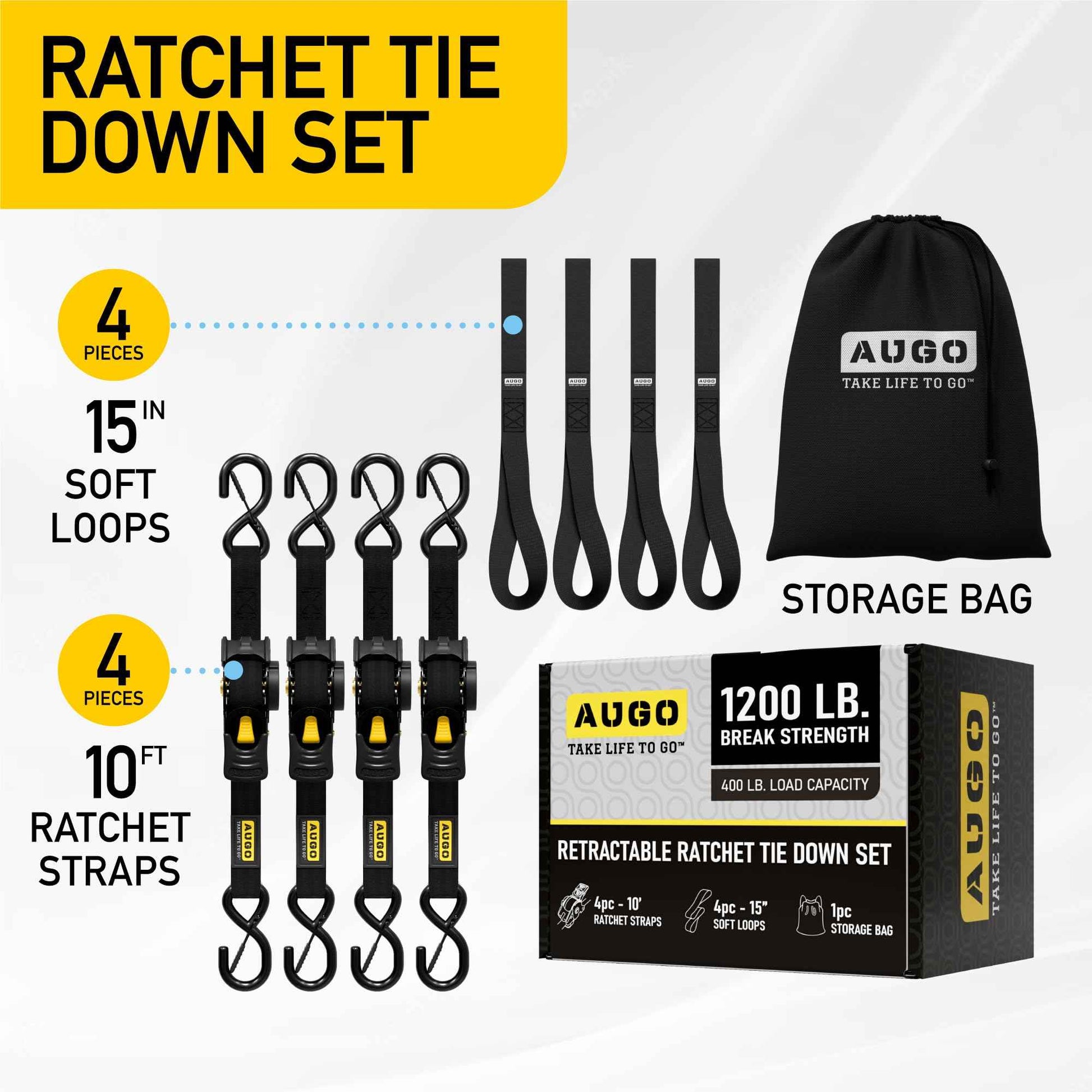 AUGO Retractable Ratchet Straps | 4 Heavy Duty Ratchet Straps Self Retractable Tie Down Straps with Soft Loops & Storage Bag for Motorcycle, Truck, Trailer, Cargo Van | 1200 Lb Break Strength 1” x 10’
