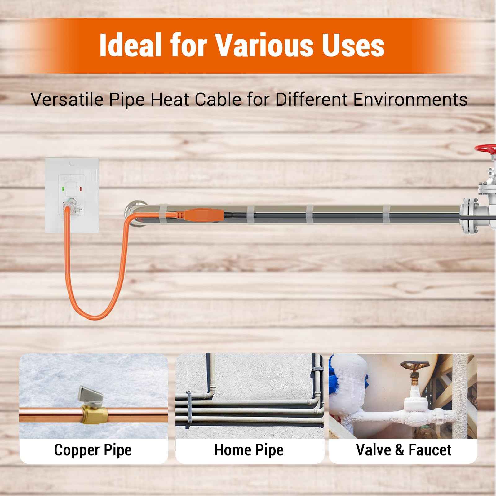12FT Pipe Heat Tape and Heat Cable with Built-in Thermostat, Easy Install, Prevents Freezing for Metal and Plastic Pipes, Keeps Water Flowing at -40°F, 7W/ft, 120V