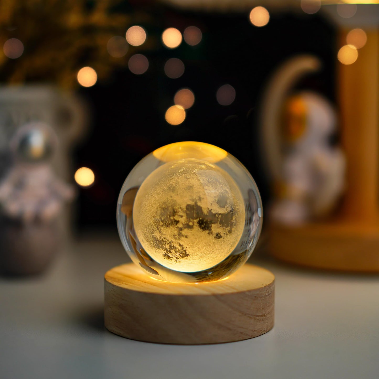 LOULIQIGIFT Crystal Moon Crystal Ball with Light Base Night Light 2.3Inches Glass Moon Globe Home Decor Gift for Women, Friends, Family