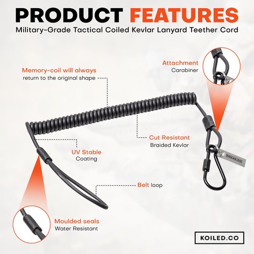 Koiled Military-Grade Braided Kevlar Cord Heavy Duty Retractable Lanyard - Carabiner Clip, 265lb/120kg Breaking Strength - Security Belt, Key Chain, Tether Strap for Weapons, Guns, Keys, Tactical Gear