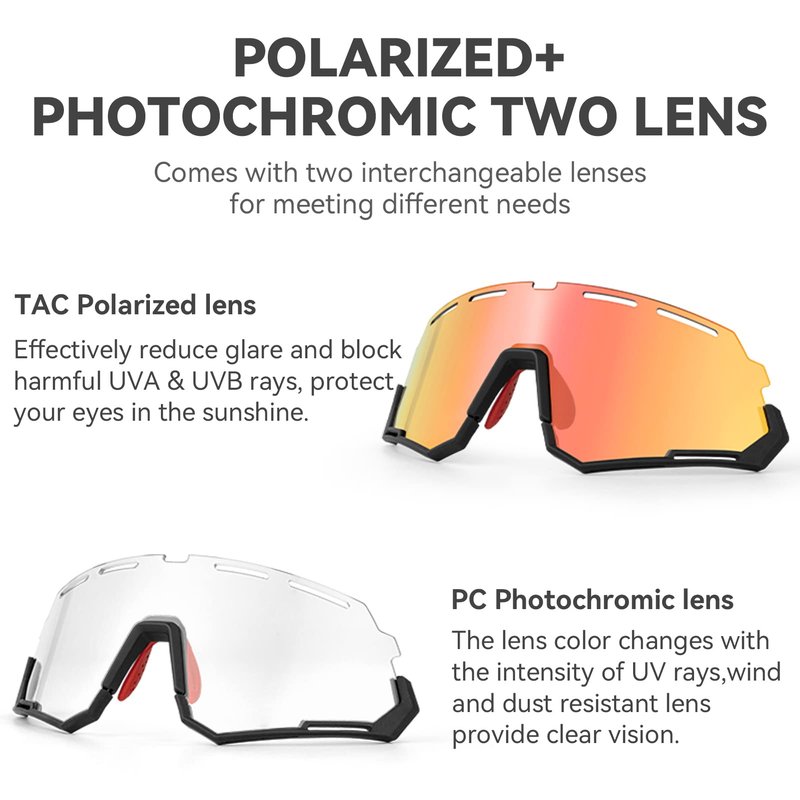 ROCKBROS Mountain Bike Glasses for Men Cycling Glasses with Interchangeable Polarized + Photochromic Lenses Sport Sunglasses