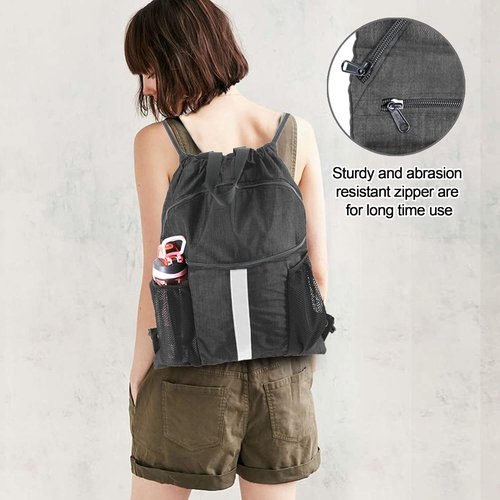 BeeGreen X-Large Drawstring Backpack | Black Gym Bag with Shoe Compartment for Sports