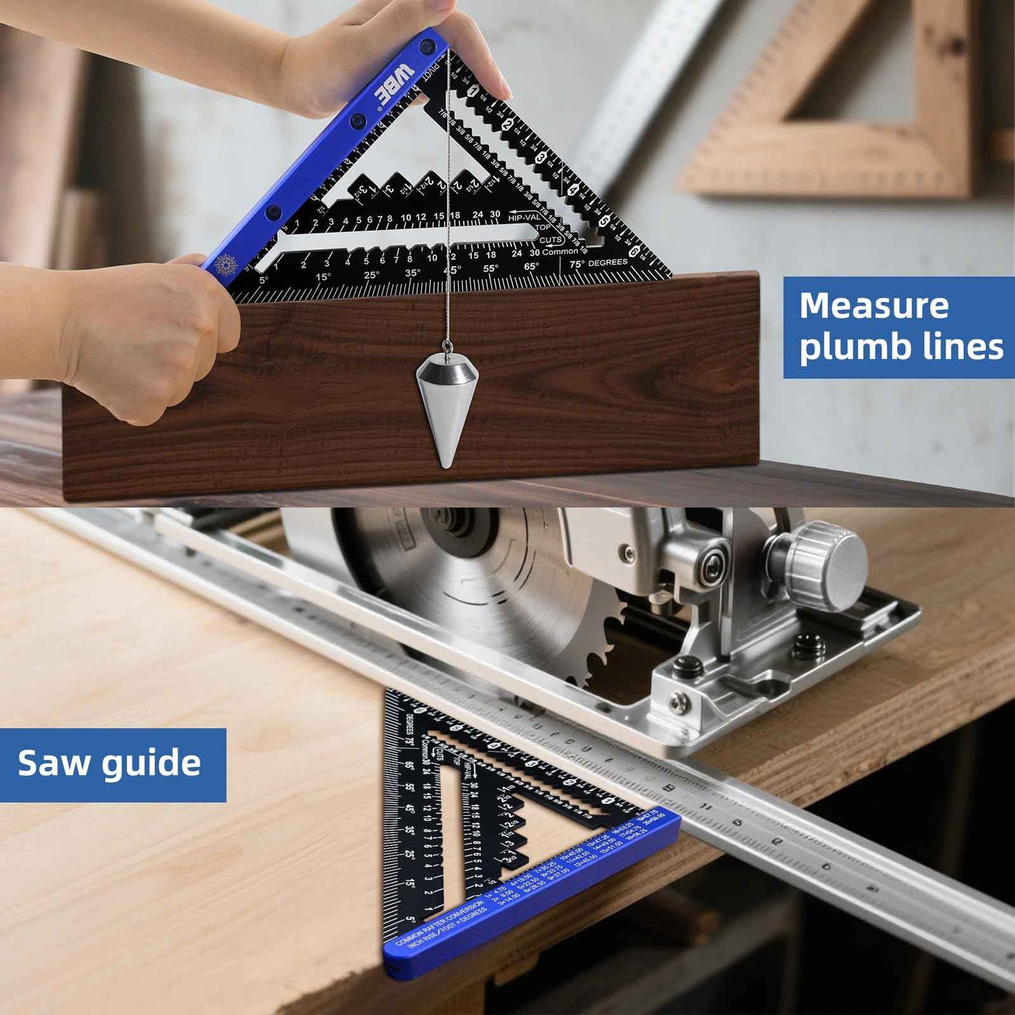 7inch Rafter Square with Carpenter Pencil, 1/8" Precision Heavy Duty Aluminum Woodworking Rule,Laser Etched Scale, Triangle-Ruler Measuring Layout Tool -Blue (Blue & Black)