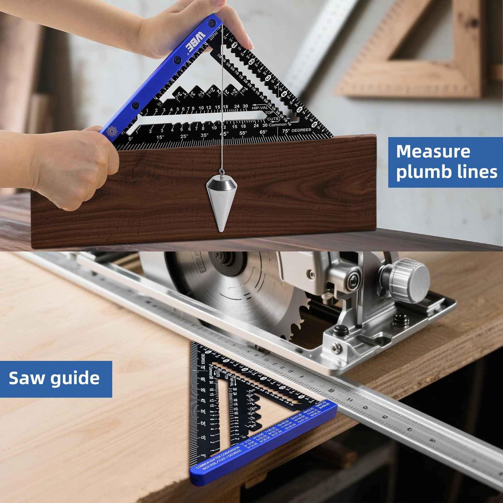 7inch Rafter Square with Carpenter Pencil, 1/8" Precision Heavy Duty Aluminum Woodworking Rule,Laser Etched Scale, Triangle-Ruler Measuring Layout Tool -Blue (Blue & Black)