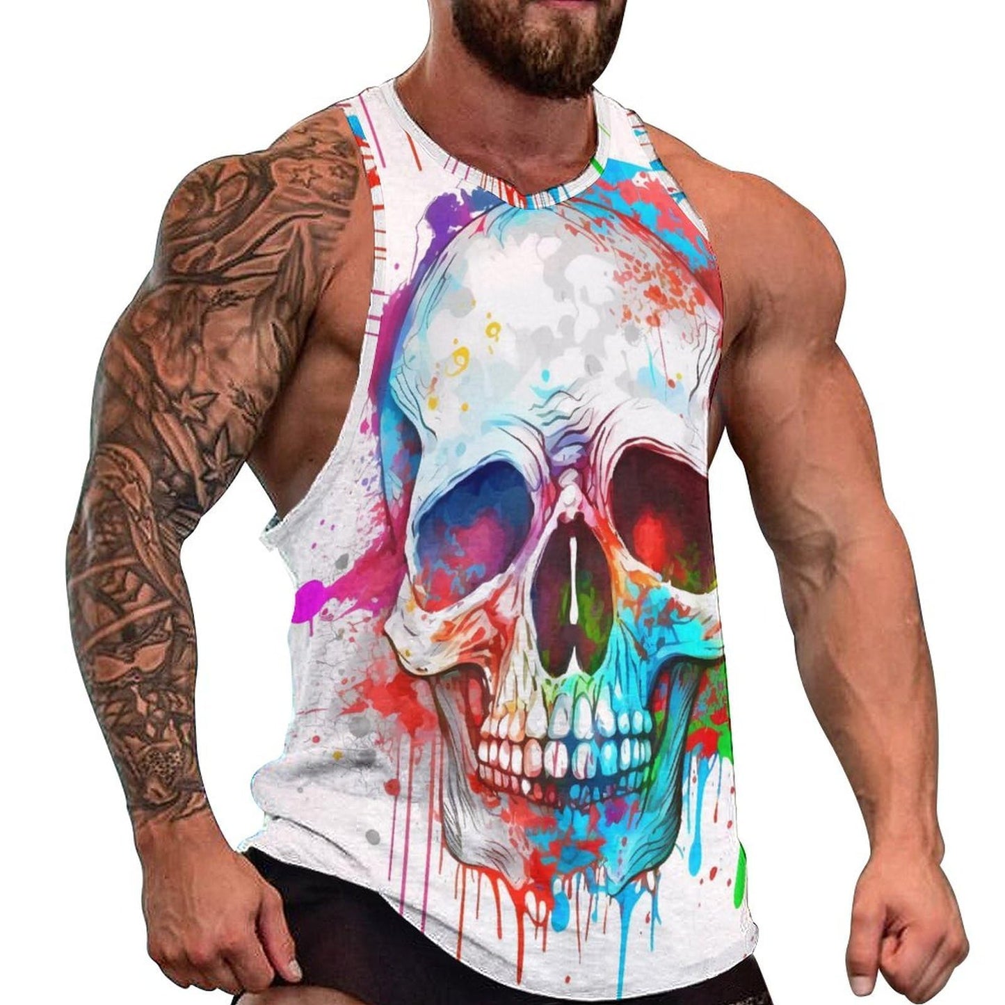Men Tanks Top Funny Watercolor Splash Ink Skull Beach Undershirt Hawaiian Tropical Workout Sport Gym Tees Holiday Top Vest Travel Surf Apparel X-Large