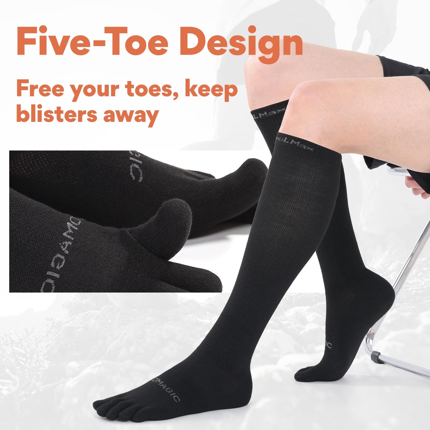 aomagic Knee-High Toe Socks - Coolmax 5-Finger Athletic Hiking Socks, Anti-Blister & Moisture-Wicking, 3 Pairs/Black - Large