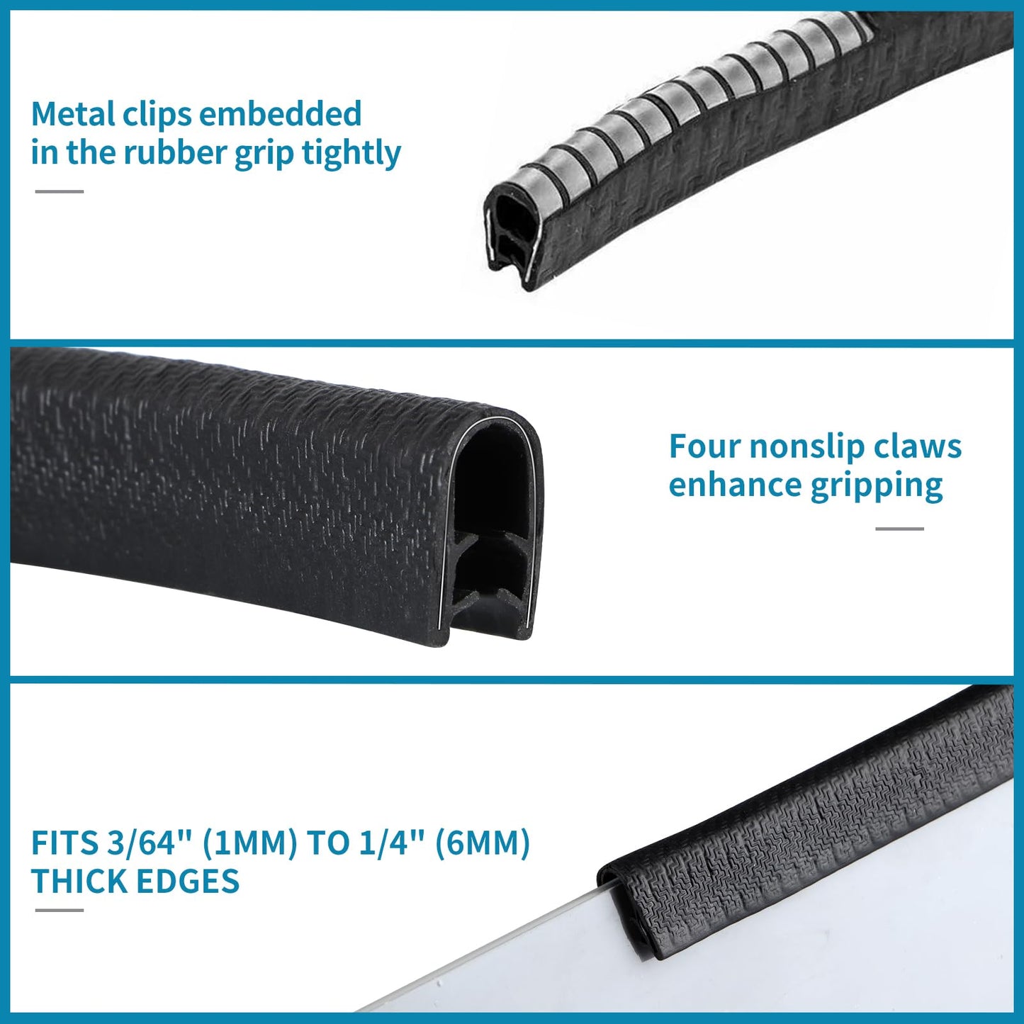 Sanbege Rubber Edge Trim Guard 32.8ft/10m, Adhesive Free Door Edge Protector, U Shape Edge Seal Strip with Embedded Metal Clips Fits 3/64" to 1/4" Thick Edges (Black)