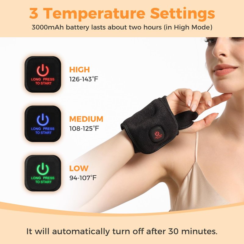 Wrist Heating Pad, Heated Wrist Wrap, Heating Pad for Wrist Cordless, Heated Wrist Wraps for Pain with 30 Mins Auto-Off, 3000mAh Battery, 3 Heating Modes(Black)